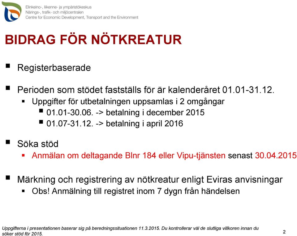 -> betalning i april 2016 Söka stöd Anmälan om deltagande Blnr 184 eller Vipu-tjänsten senast 30.04.