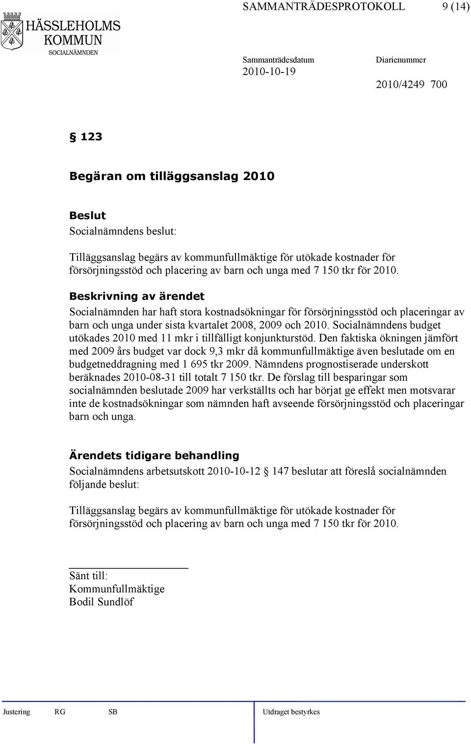 Socialnämndens budget utökades 2010 med 11 mkr i tillfälligt konjunkturstöd.