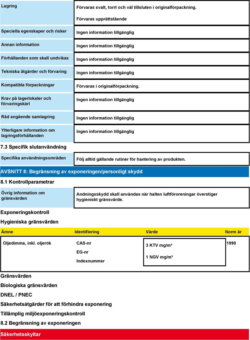 förvaringskärl Förvaras i originalförpackning. Råd angående samlagring Ytterligare information om lagringsförhållanden 7.