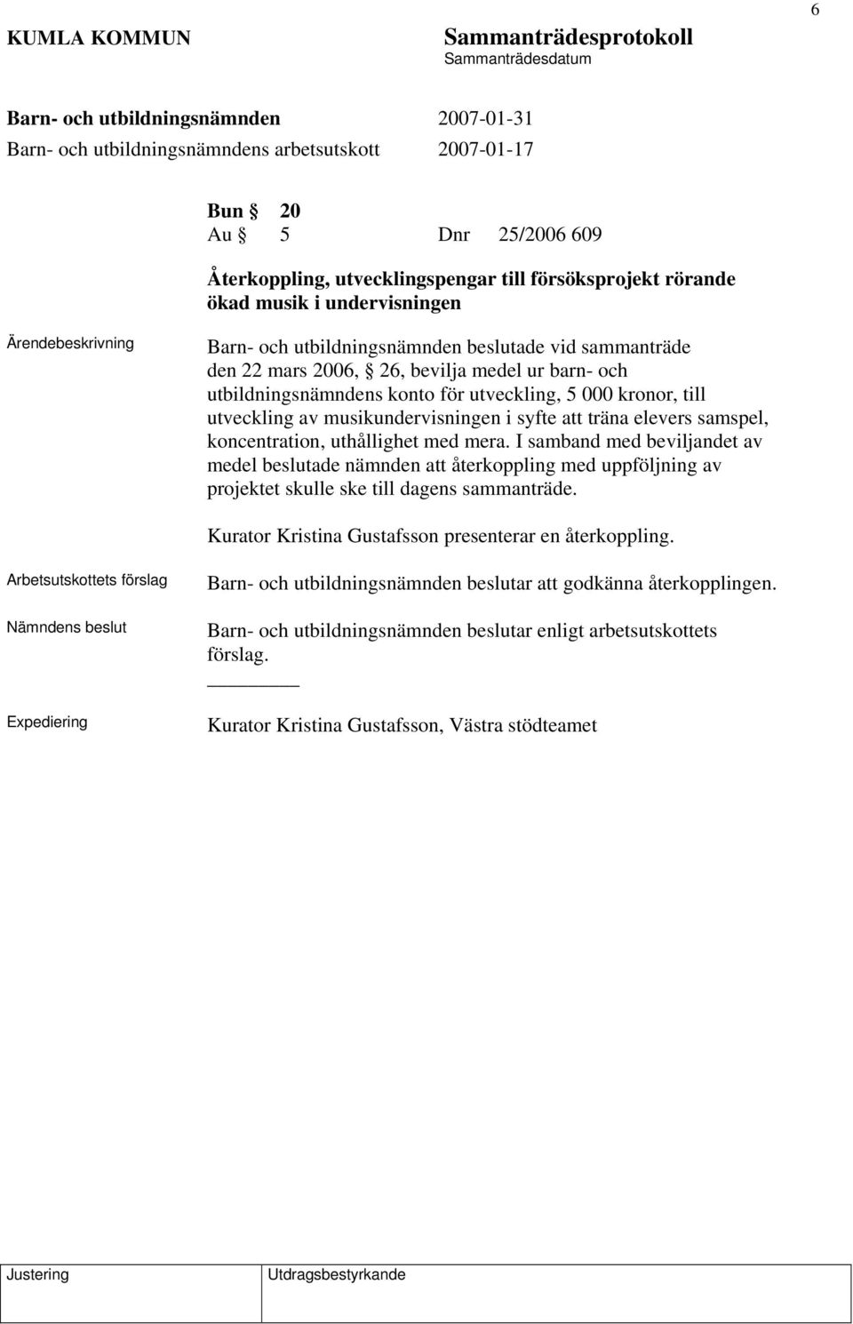 I samband med beviljandet av medel beslutade nämnden att återkoppling med uppföljning av projektet skulle ske till dagens sammanträde. Kurator Kristina Gustafsson presenterar en återkoppling.