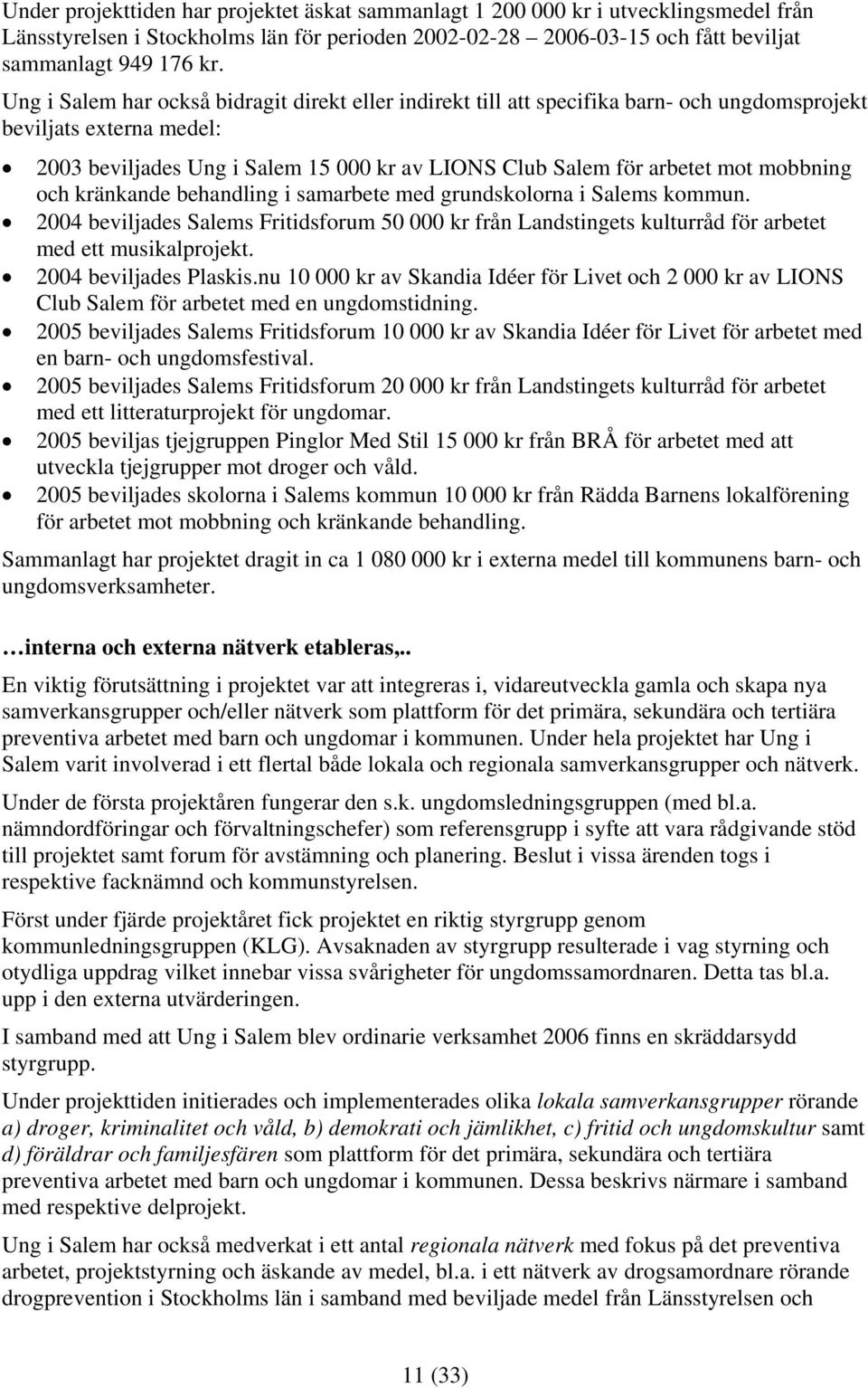 mobbning och kränkande behandling i samarbete med grundskolorna i Salems kommun. 2004 beviljades Salems Fritidsforum 50 000 kr från Landstingets kulturråd för arbetet med ett musikalprojekt.