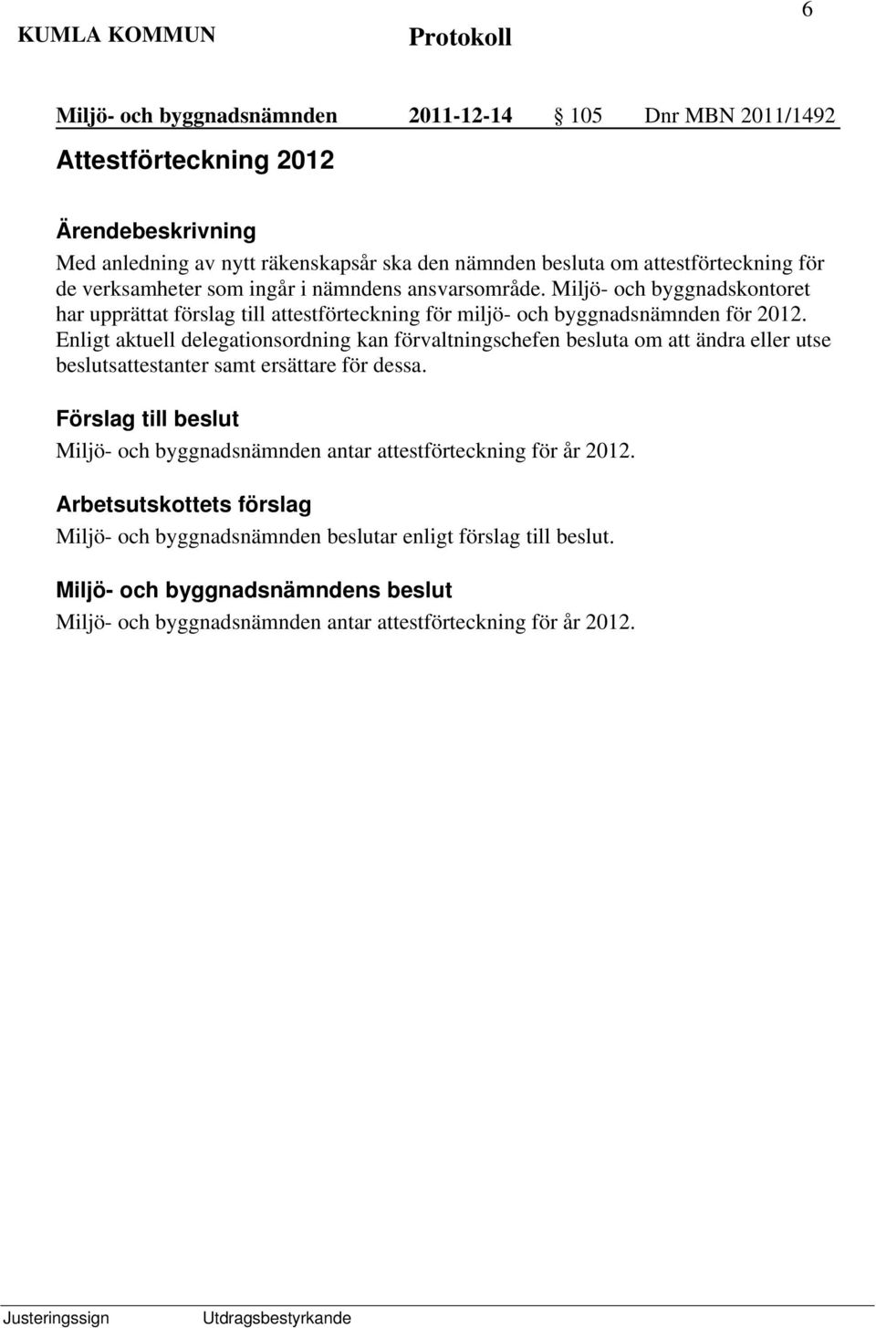 Miljö- och byggnadskontoret har upprättat förslag till attestförteckning för miljö- och byggnadsnämnden för 2012.