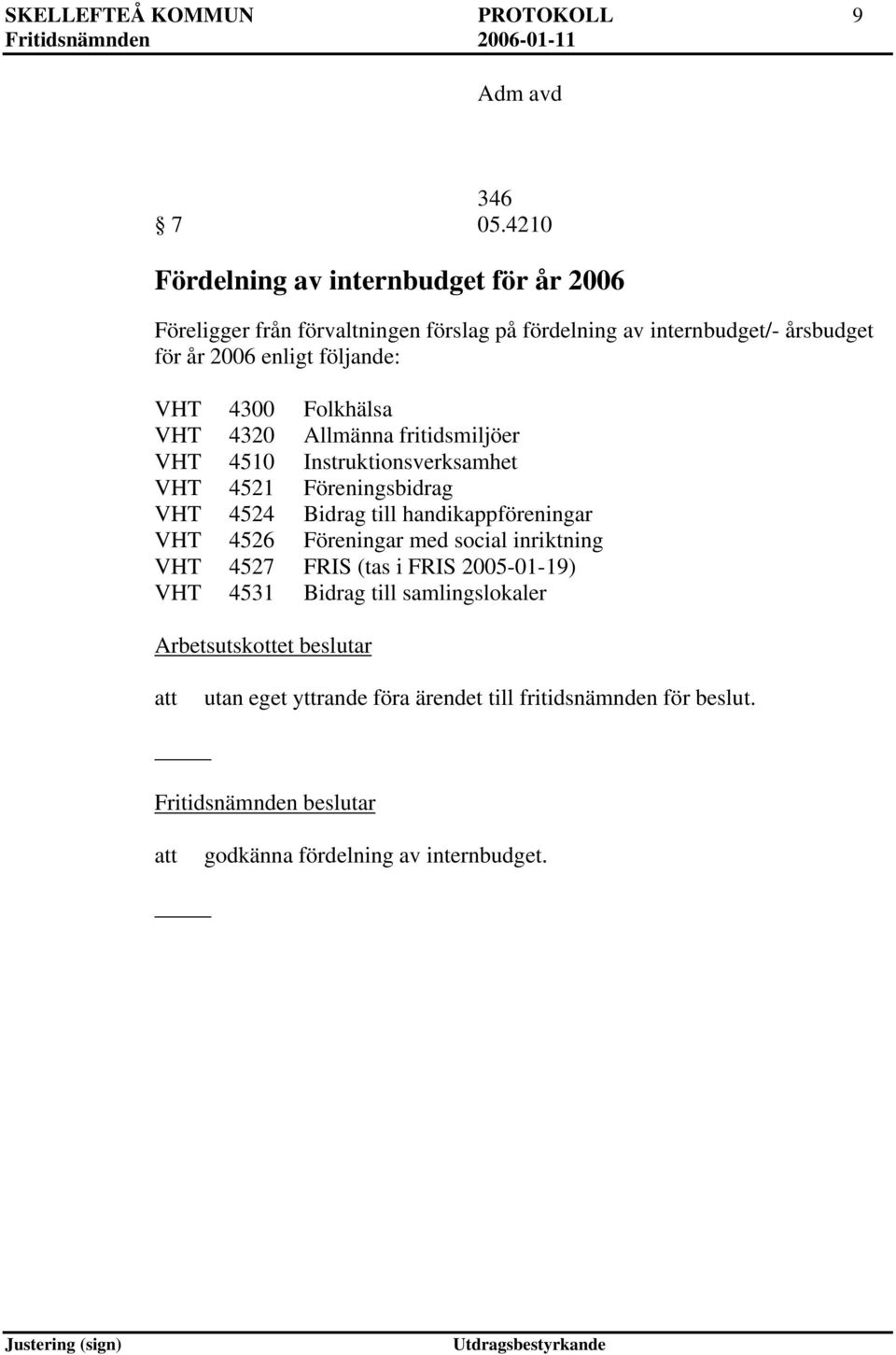 följande: VHT 4300 Folkhälsa VHT 4320 Allmänna fritidsmiljöer VHT 4510 Instruktionsverksamhet VHT 4521 Föreningsbidrag VHT 4524 Bidrag till