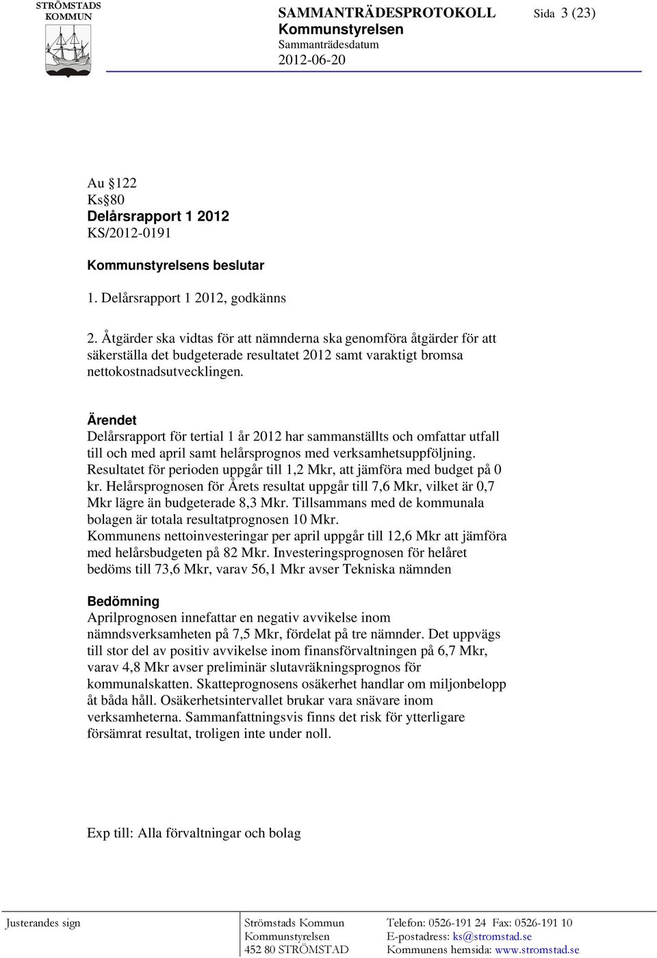 Delårsrapport för tertial 1 år 2012 har sammanställts och omfattar utfall till och med april samt helårsprognos med verksamhetsuppföljning.