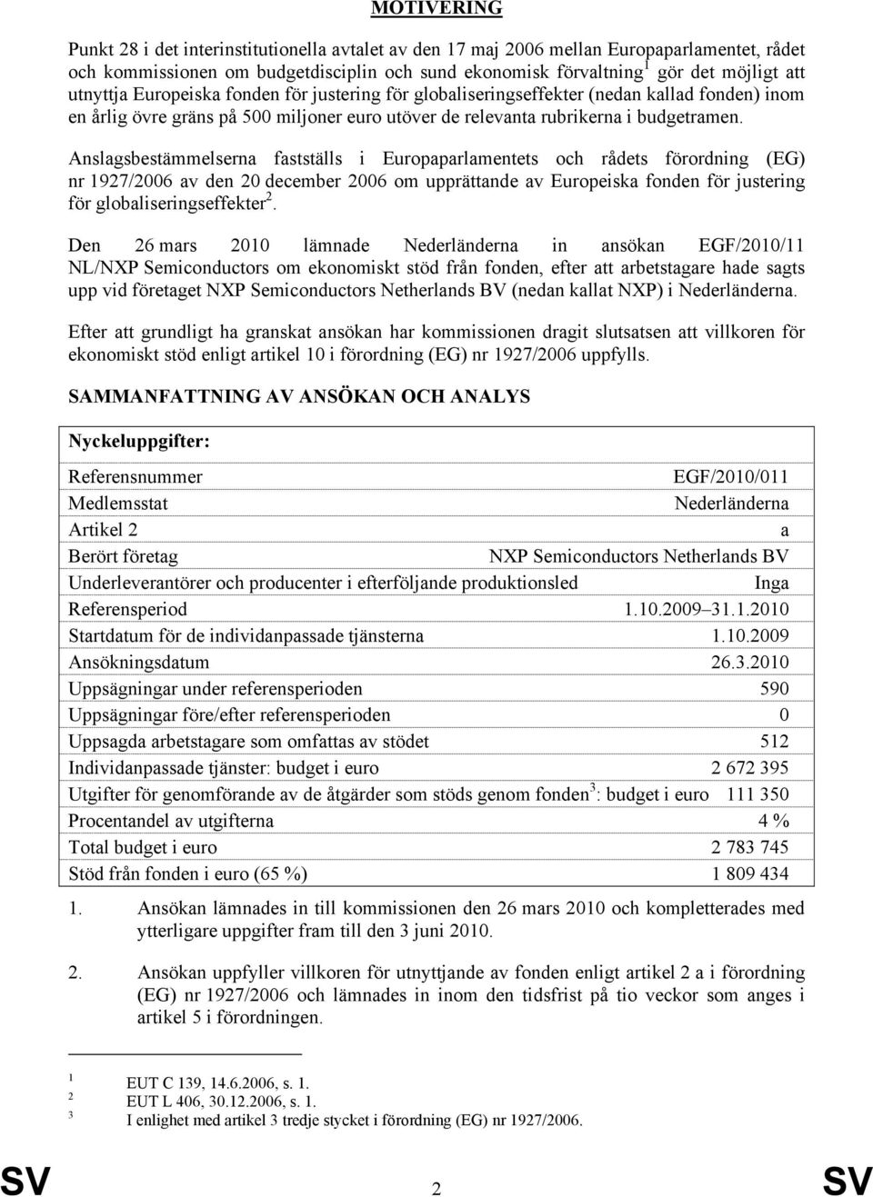 Anslagsbestämmelserna fastställs i Europaparlamentets och rådets förordning (EG) nr 1927/2006 av den 20 december 2006 om upprättande av Europeiska fonden för justering för globaliseringseffekter 2.