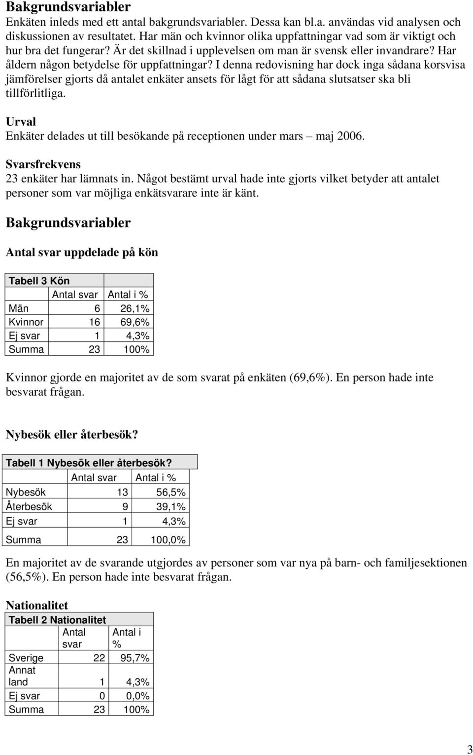 I denna redovisning har dock inga sådana korsvisa jämförelser gjorts då antalet enkäter ansets för lågt för att sådana slutsatser ska bli tillförlitliga.