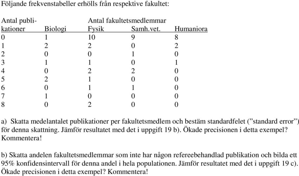 standardfelet ( standard error ) för denna skattning. Jämför resultatet med det i uppgift 19 b). Ökade precisionen i detta exempel? Kommentera!