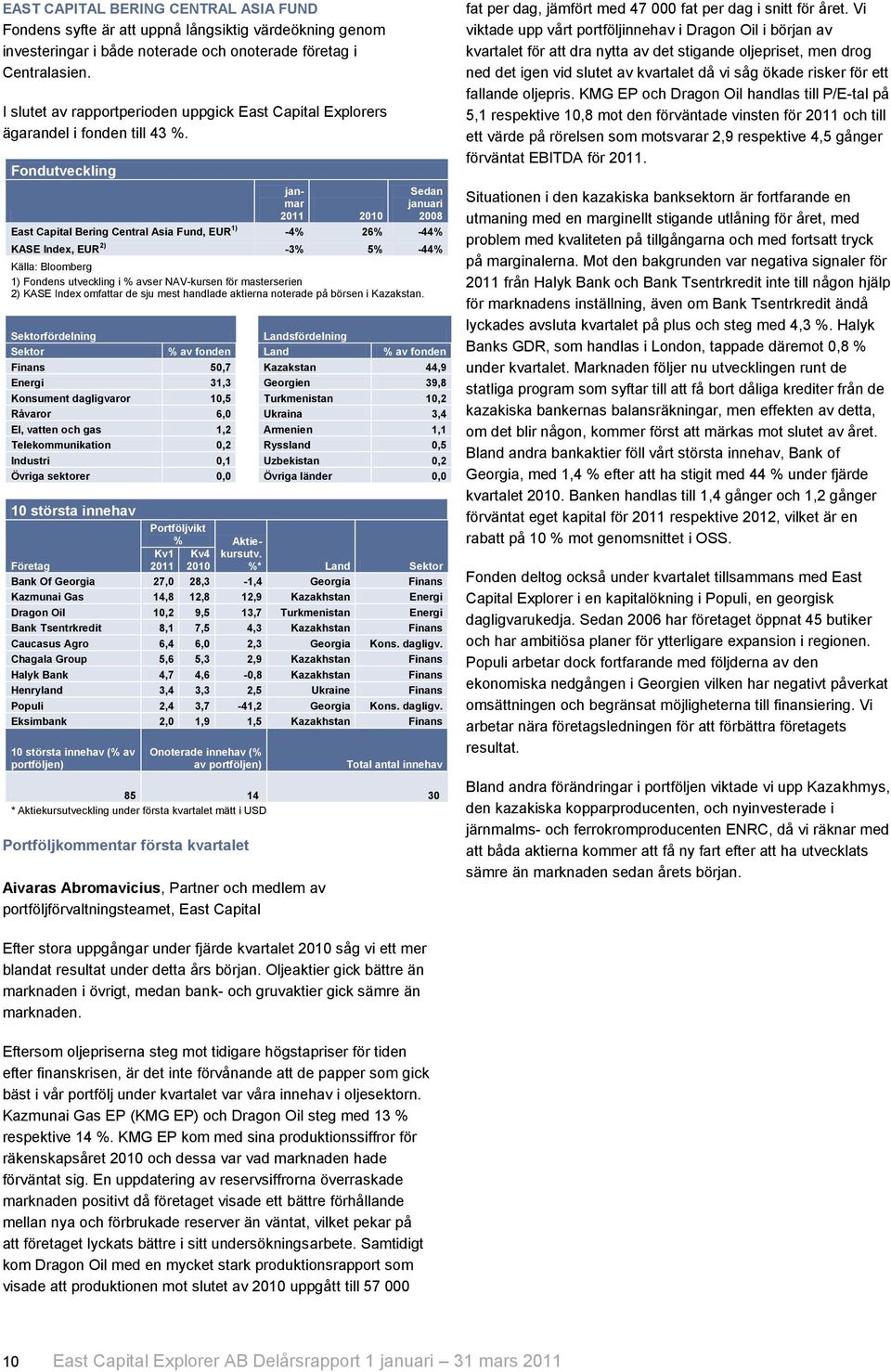 Fondutveckling janmar Sedan januari 2008 East Capital Bering Central Asia Fund, EUR 1) -4% 26% -44% KASE Index, EUR 2) -3% 5% -44% Källa: Bloomberg 1) Fondens utveckling i % avser NAV-kursen för