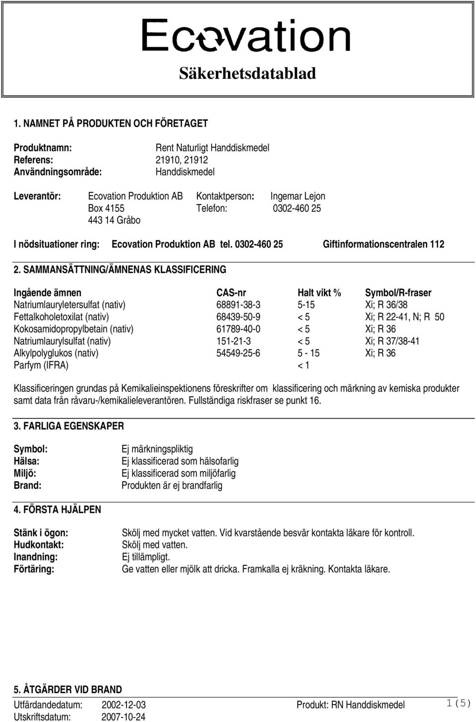 SAMMANSÄTTNING/ÄMNENAS KLASSIFICERING Ingående ämnen CAS-nr Halt vikt % Symbol/R-fraser Natriumlauryletersulfat (nativ) 68891-38-3 5-15 Xi; R 36/38 Fettalkoholetoxilat (nativ) 68439-50-9 < 5 Xi; R