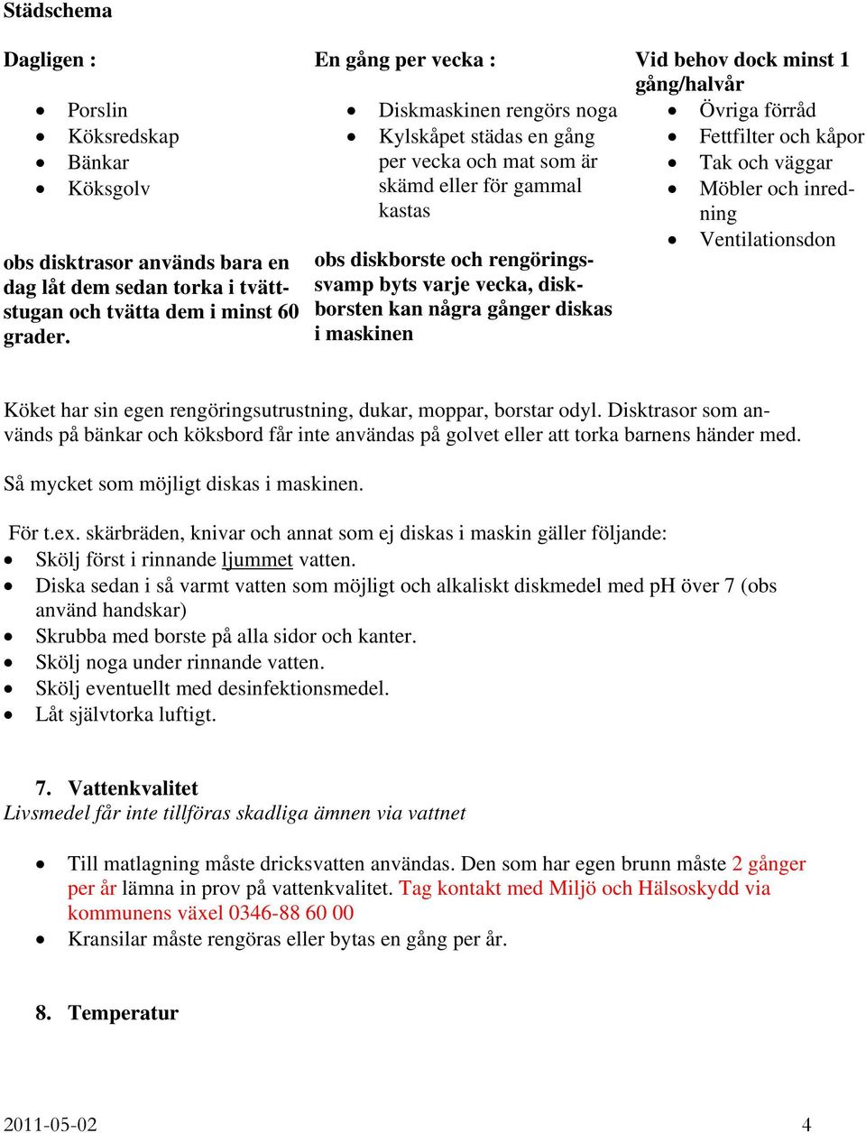 obs diskborste och rengöringssvamp byts varje vecka, diskborsten kan några gånger diskas i maskinen Övriga förråd Fettfilter och kåpor Tak och väggar Möbler och inredning Ventilationsdon Köket har
