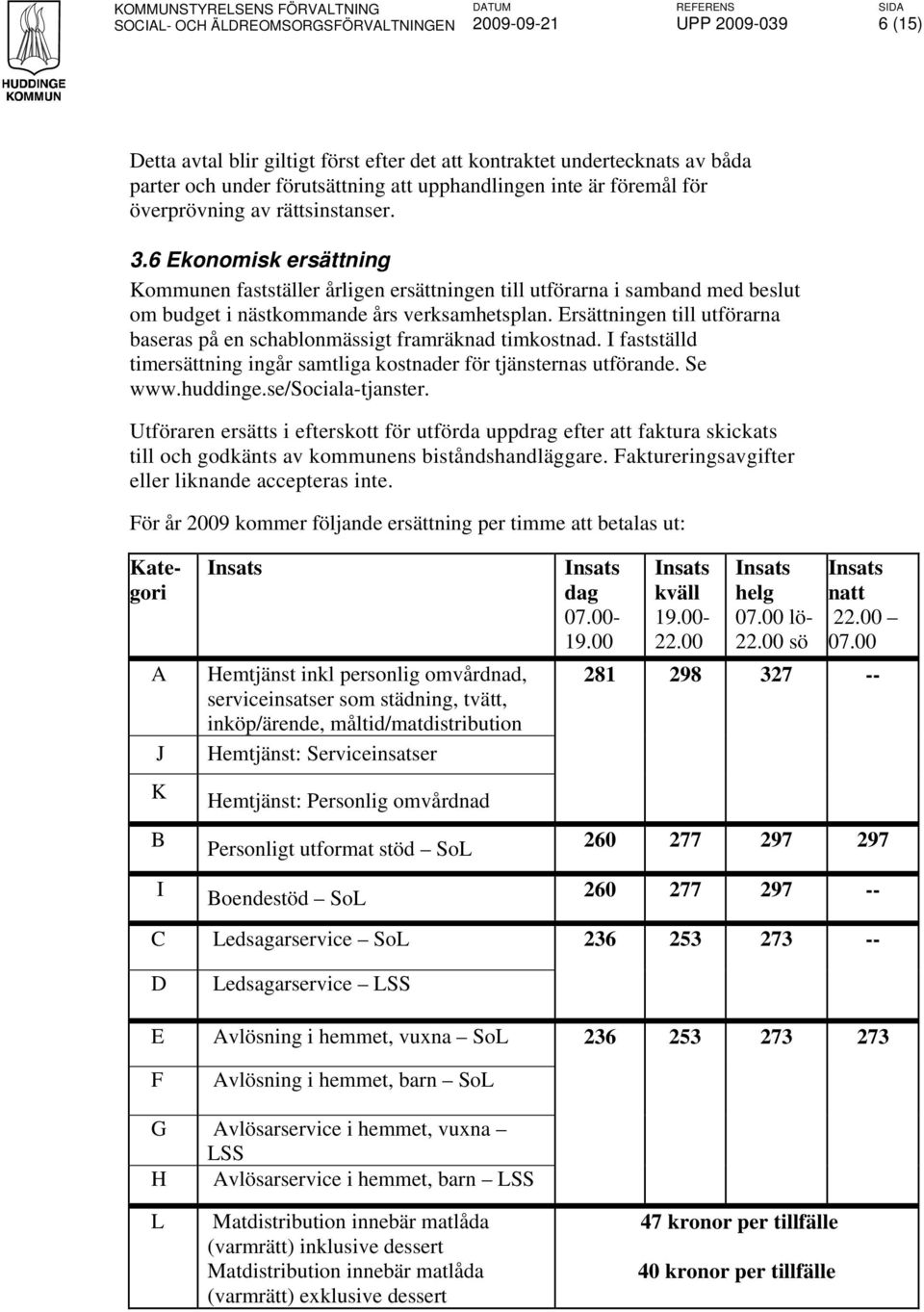 Ersättningen till utförarna baseras på en schablonmässigt framräknad timkostnad. I fastställd timersättning ingår samtliga kostnader för tjänsternas utförande. Se www.huddinge.se/sociala-tjanster.