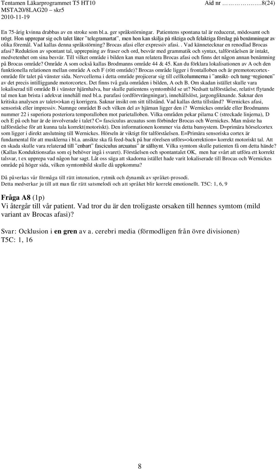 . Vad kännetecknar en renodlad Brocas afasi? Reduktion av spontant tal, upprepning av fraser och ord, besvär med grammatik och syntax, talförståelsen är intakt, medvetenhet om sina besvär.