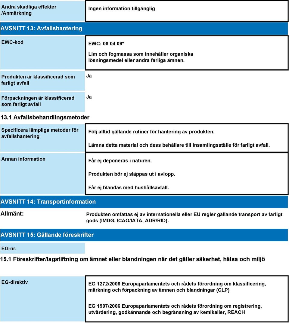 1 Avfallsbehandlingsmetoder Specificera lämpliga metoder för avfallshantering Annan information Följ alltid gällande rutiner för hantering av produkten.