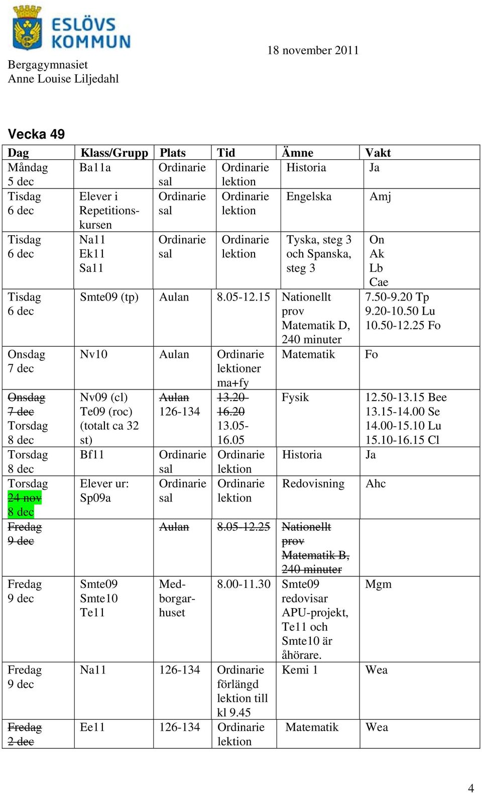 25 Matematik B, 240 minuter Vecka 49 Ba11a Historia Ja 5 dec 6 dec Elever i Repetitions- Engelska Amj kursen Na11 Ek11 Sa11 ma+fy 13.20-16.20 13.05-16.