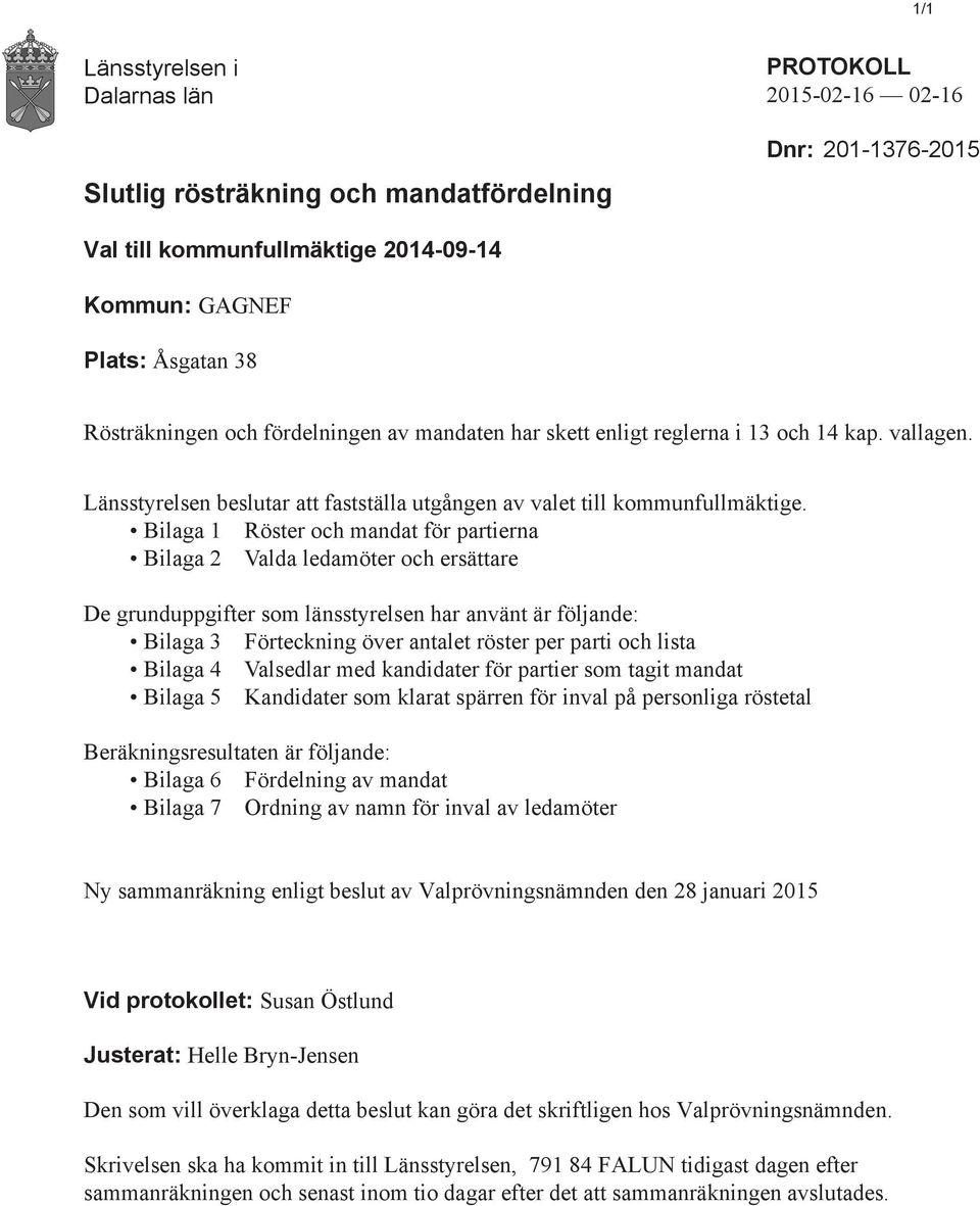 Bilaga 1 Röster och mandat för partierna Bilaga 2 Valda ledamöter och ersättare De grunduppgifter som länsstyrelsen har använt är följande: Bilaga 3 Förteckning över antalet röster per parti och