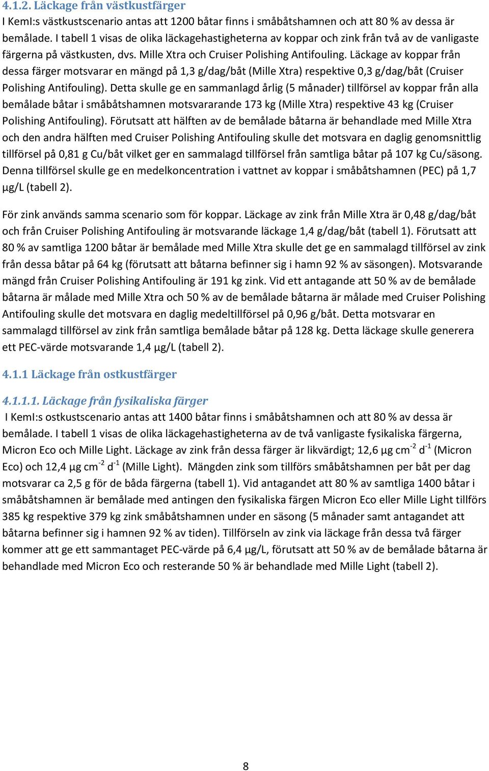 Läckage av koppar från dessa färger motsvarar en mängd på 1,3 g/dag/båt (Mille Xtra) respektive 0,3 g/dag/båt (Cruiser Polishing Antifouling).