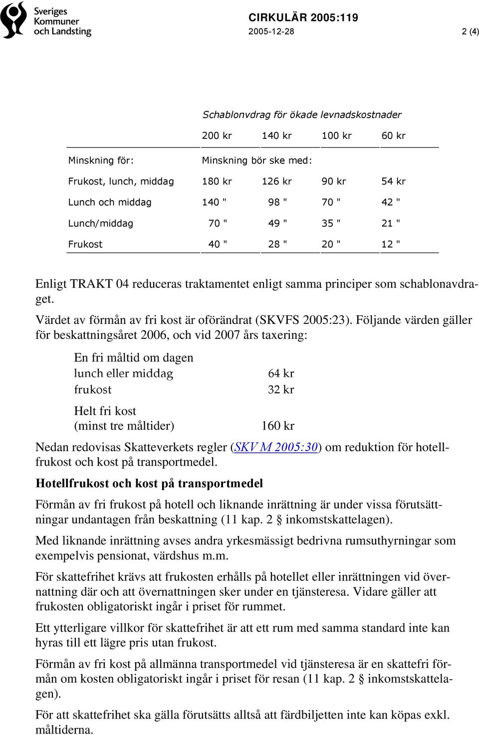 Värdet av förmån av fri kost är oförändrat (SKVFS 2005:23).