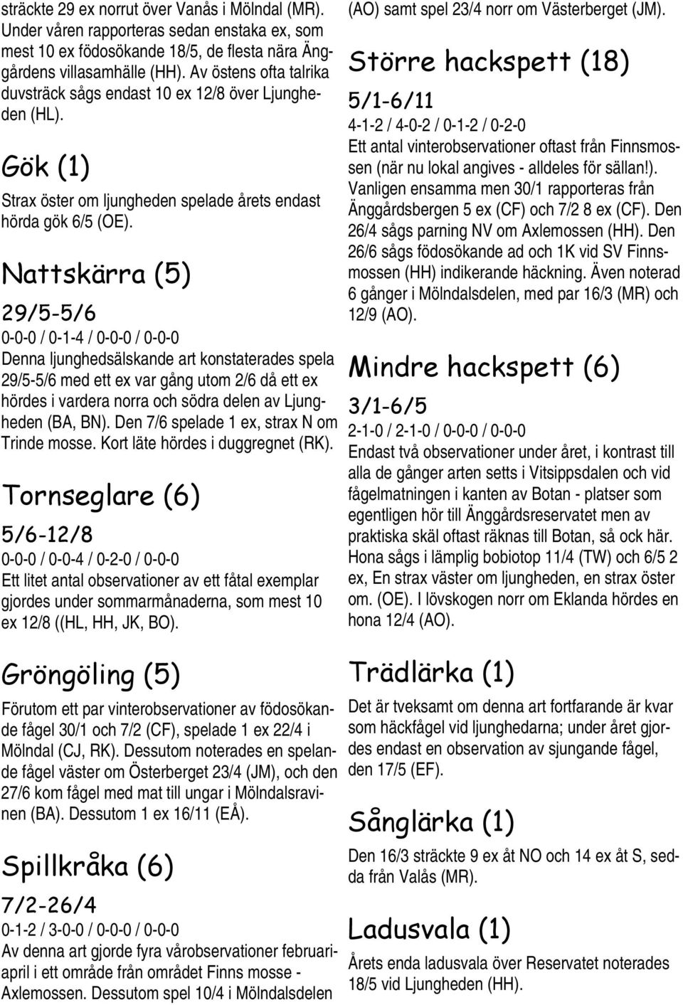 Nattskärra (5) 29/5-5/6 0-0-0 / 0-1-4 / 0-0-0 / 0-0-0 Denna ljunghedsälskande art konstaterades spela 29/5-5/6 med ett ex var gång utom 2/6 då ett ex hördes i vardera norra och södra delen av