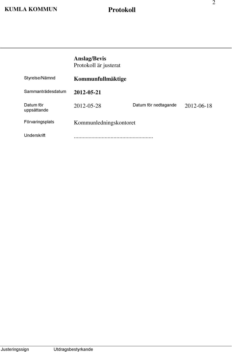 uppsättande Förvaringsplats 2012-05-28 Datum