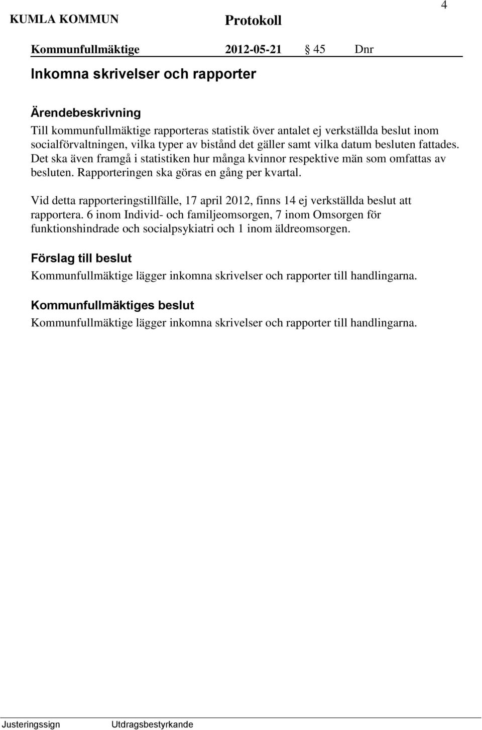 Rapporteringen ska göras en gång per kvartal. Vid detta rapporteringstillfälle, 17 april 2012, finns 14 ej verkställda beslut att rapportera.