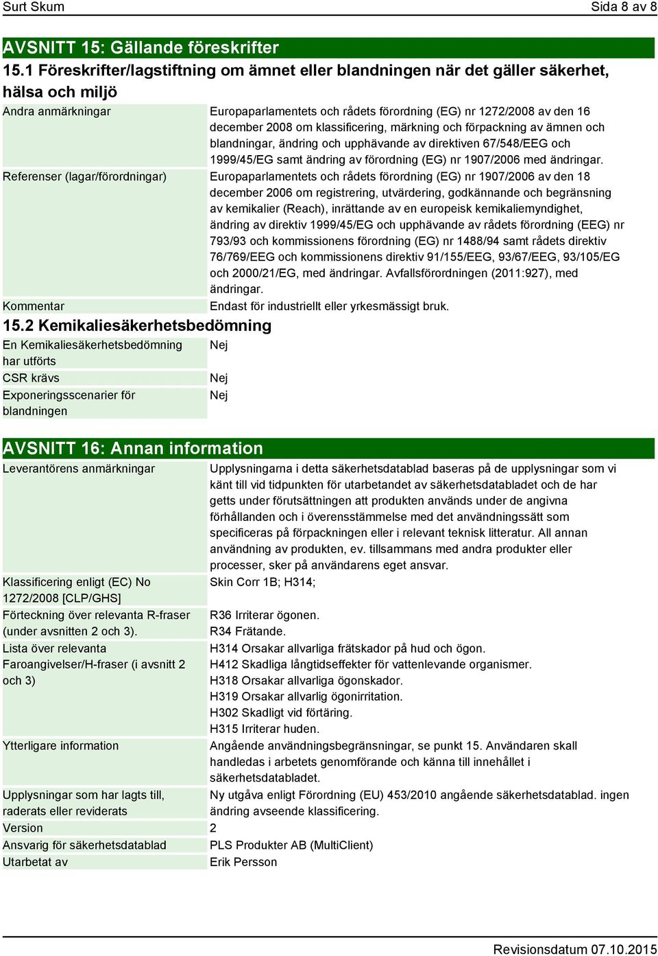 om klassificering, märkning och förpackning av ämnen och blandningar, ändring och upphävande av direktiven 67/548/EEG och 1999/45/EG samt ändring av förordning (EG) nr 1907/2006 med ändringar.