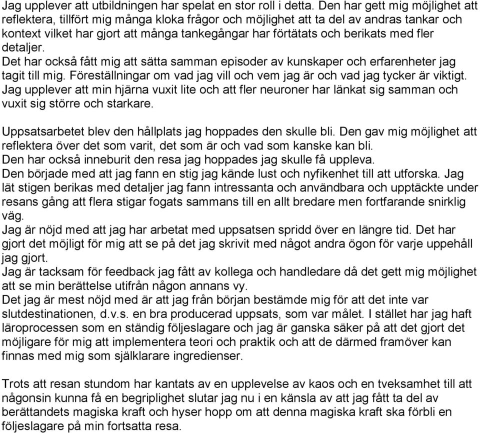 fler detaljer. Det har också fått mig att sätta samman episoder av kunskaper och erfarenheter jag tagit till mig. Föreställningar om vad jag vill och vem jag är och vad jag tycker är viktigt.