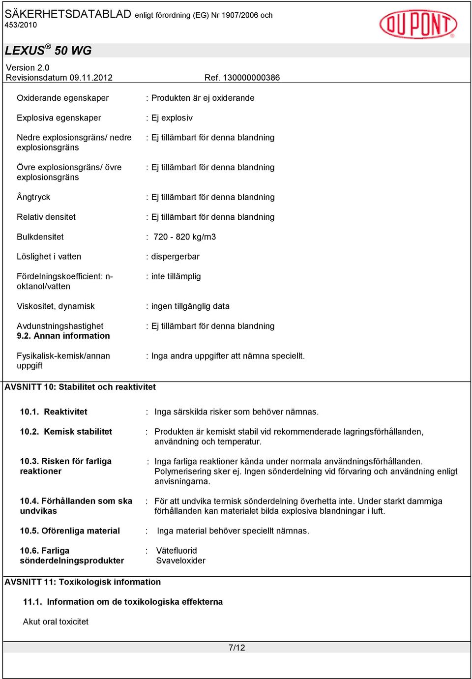 Annan information Fysikalisk-kemisk/annan uppgift : Produkten är ej oxiderande : Ej explosiv : 720-820 kg/m3 : dispergerbar : inte tillämplig : ingen tillgänglig data : Inga andra uppgifter att nämna