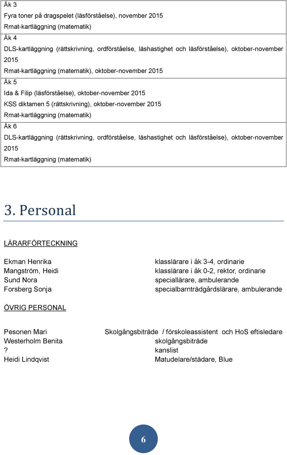 DLS-kartläggning (rättskrivning, ordförståelse, läshastighet och läsförståelse), oktober-november 2015 Rmat-kartläggning (matematik) 3.