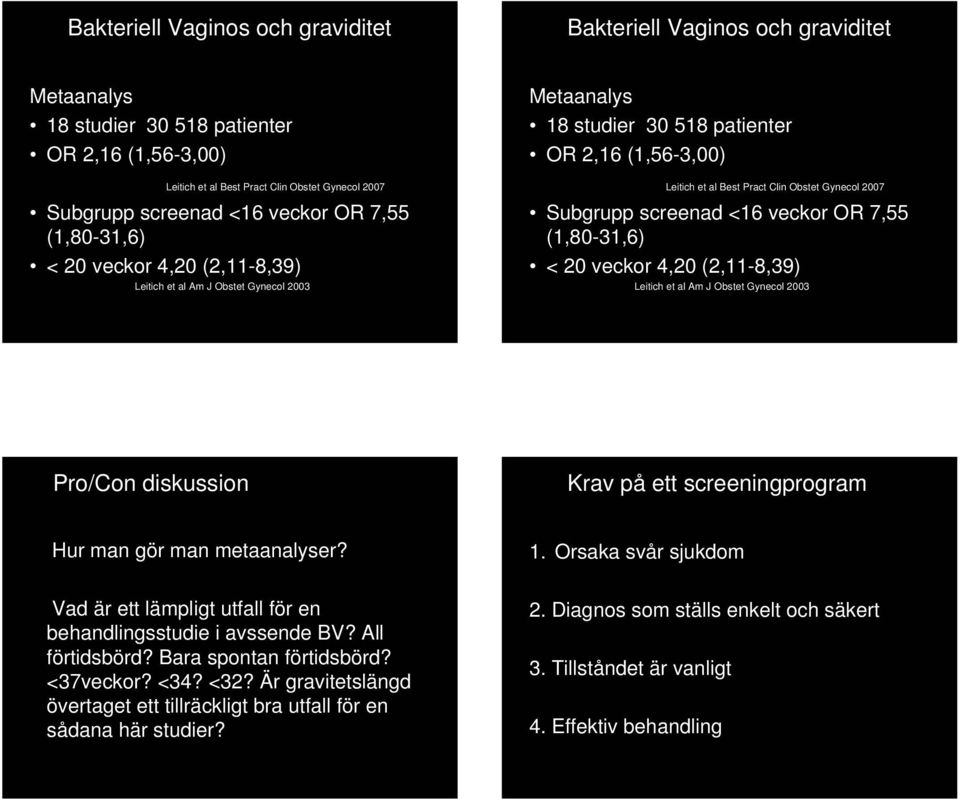 <1 veckr OR 7,55 (1,0-31,) < 20 veckr,20 (2,11-,39) Leitich et al Am J Obstet Gynecl 2003 Pr/Cn diskussin Krav på ett screeningprgram Hur man gör man metaanalyser? 1.