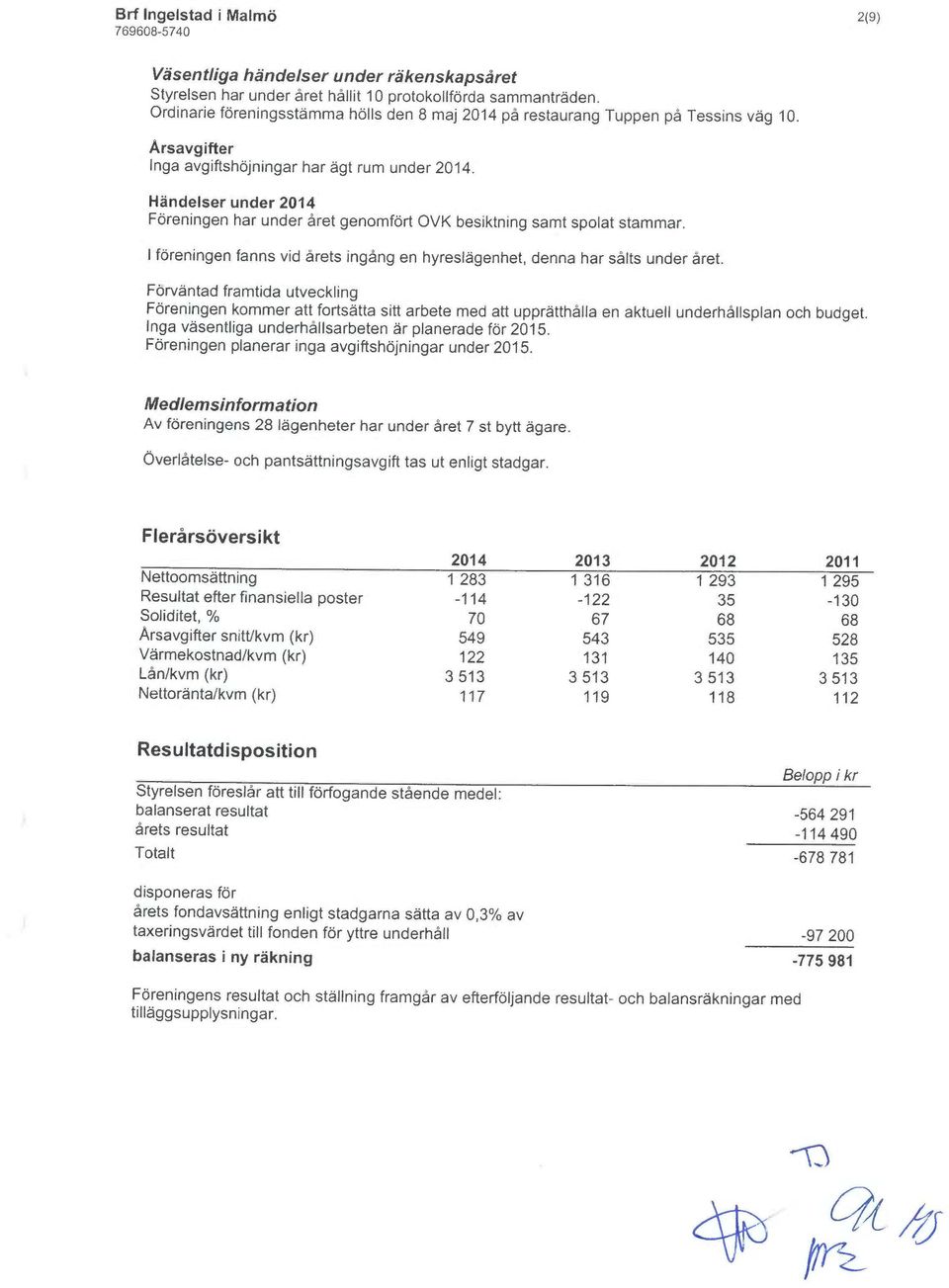 Händelser under 2014 Föreningen har under året genomfört OVK besiktning samt spolat stammar. föreningen fauns vid årets ingång en hyreslägenhet, Benna har sålts under året.