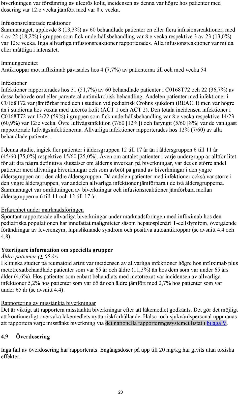 respektive 3 av 23 (13,0%) var 12:e vecka. Inga allvarliga infusionsreaktioner rapporterades. Alla infusionsreaktioner var milda eller måttliga i intensitet.