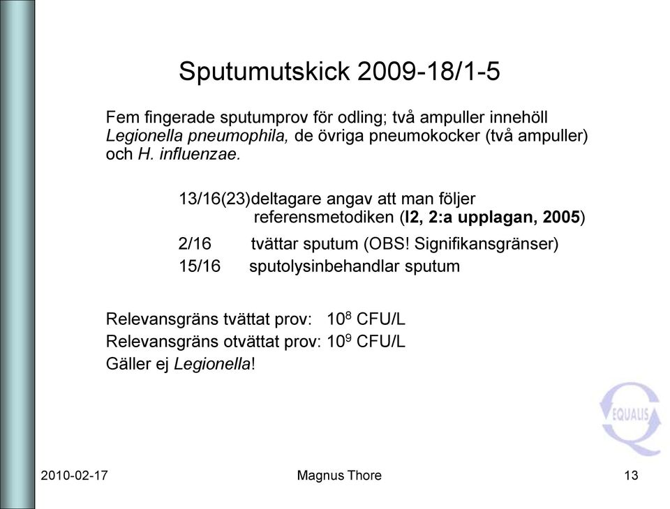 13/16(23)deltagare angav att man följer referensmetodiken (I2, 2:a upplagan, 2005) 2/16 tvättar sputum (OBS!