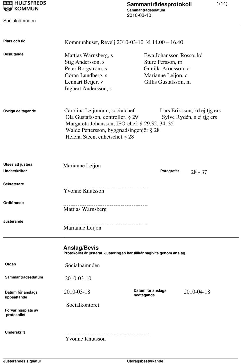 Gustafsson, m Ingbert Andersson, s Övriga deltagande Carolina Leijonram, socialchef Lars Eriksson, kd ej tjg ers Ola Gustafsson, controller, 29 Sylve Rydén, s ej tjg ers Margareta Johansson,