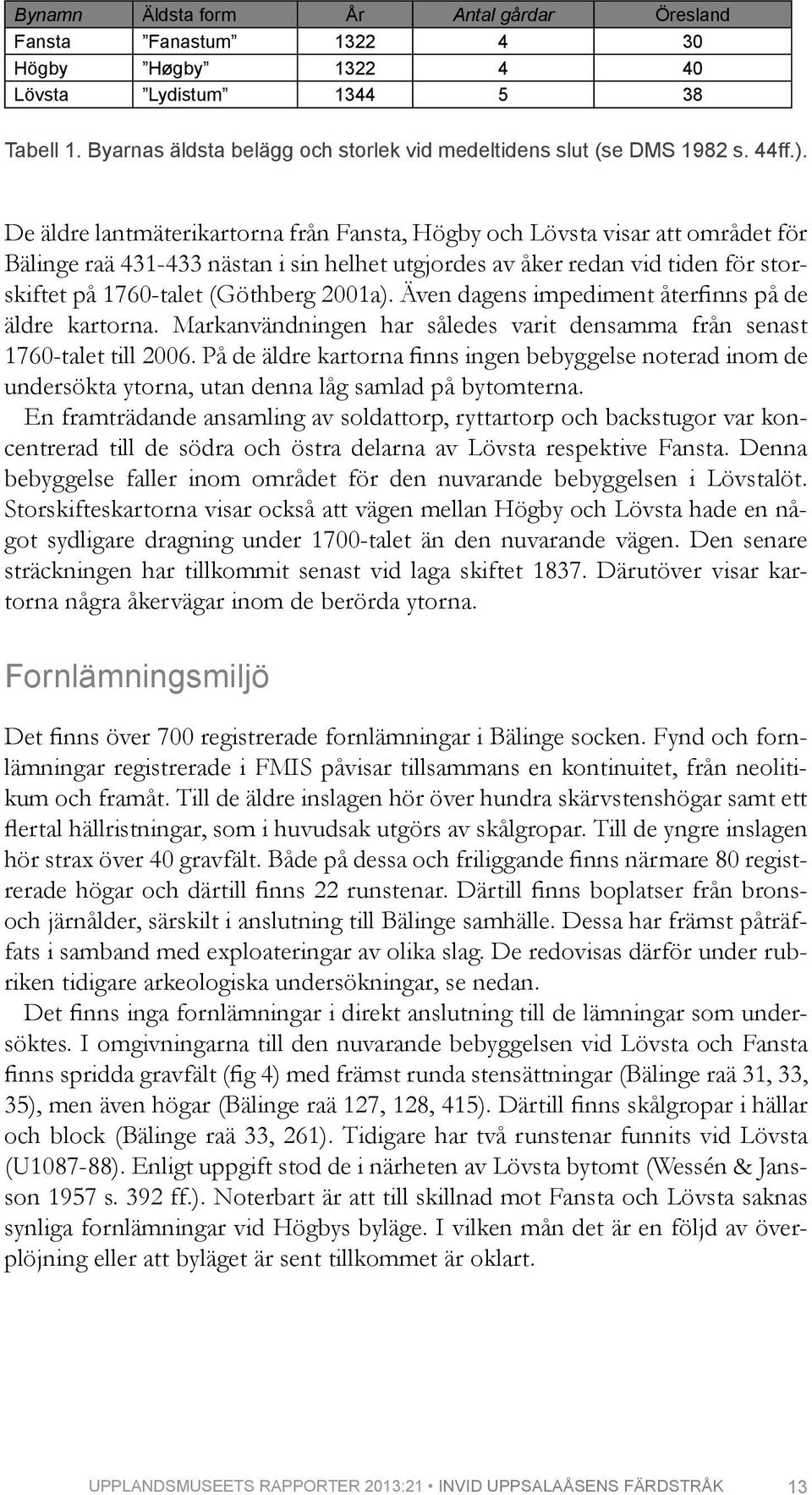 De äldre lantmäterikartorna från Fansta, Högby och Lövsta visar att området för Bälinge raä 431-433 nästan i sin helhet utgjordes av åker redan vid tiden för storskiftet på 1760-talet (Göthberg