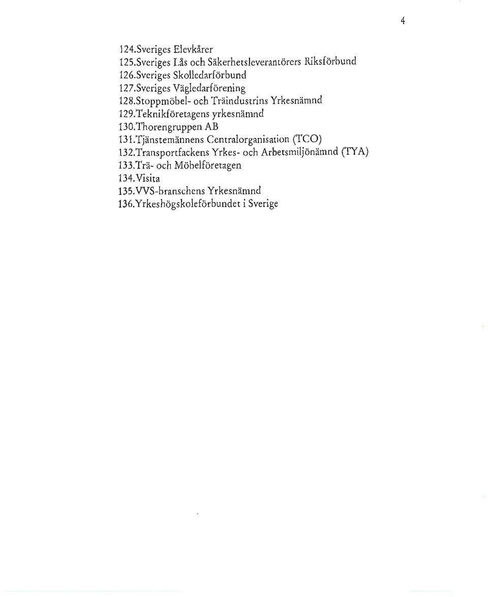 Teknikföretagens yrkesnämnd 130.Thorengruppen AB 131.Tjänstemännens Centralorganisation (TCO) 132.