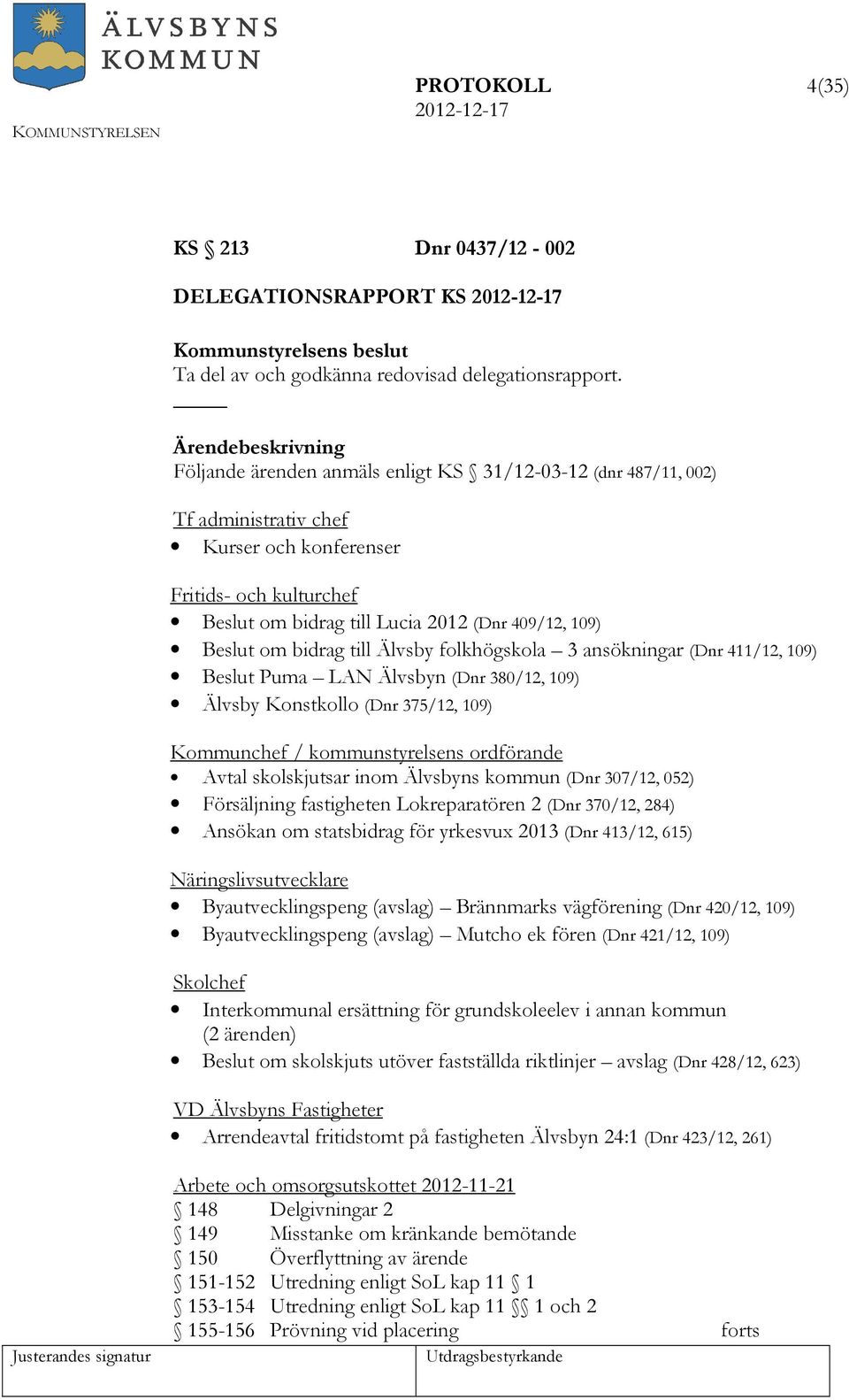 bidrag till Älvsby folkhögskola 3 ansökningar (Dnr 411/12, 109) Beslut Puma LAN Älvsbyn (Dnr 380/12, 109) Älvsby Konstkollo (Dnr 375/12, 109) Kommunchef / kommunstyrelsens ordförande Avtal