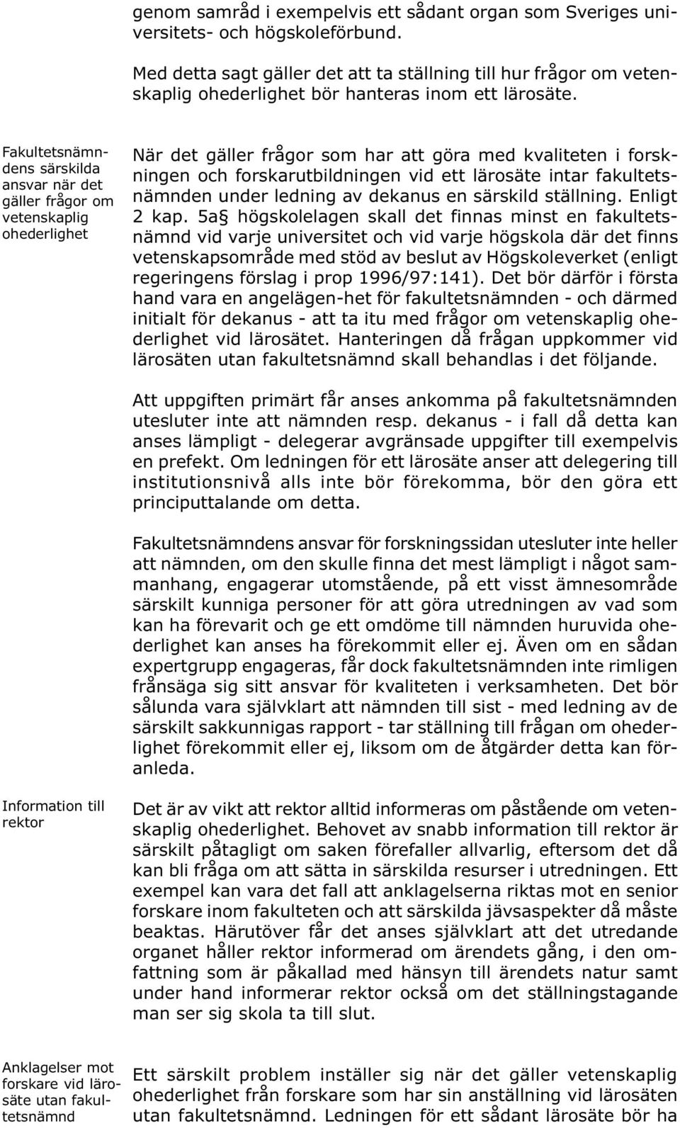 Fakultetsnämndens särskilda ansvar när det gäller frågor om vetenskaplig ohederlighet När det gäller frågor som har att göra med kvaliteten i forskningen och forskarutbildningen vid ett lärosäte