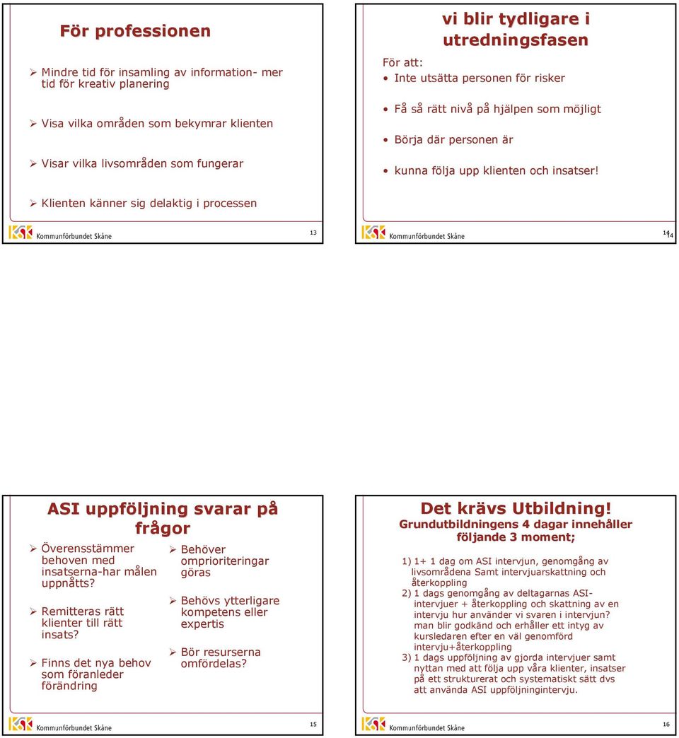 Klienten känner sig delaktig i processen 13 14 14 ASI uppföljning svarar på frågor Överensstämmer behoven med insatserna-har målen uppnåtts? Remitteras rätt klienter till rätt insats?