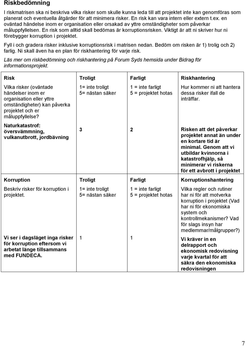 En risk som alltid skall bedömas är korruptionsrisken. Viktigt är att ni skriver hur ni förebygger korruption i projektet. Fyll i och gradera risker inklusive korruptionsrisk i matrisen nedan.