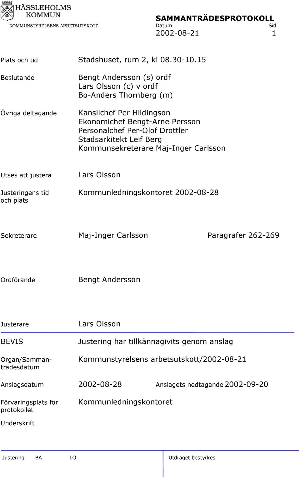 Drottler Stadsarkitekt Leif Berg Kommunsekreterare Maj-Inger Carlsson Utses att justera Lars Olsson Justeringens tid Kommunledningskontoret 2002-08-28 och plats Sekreterare Maj-Inger