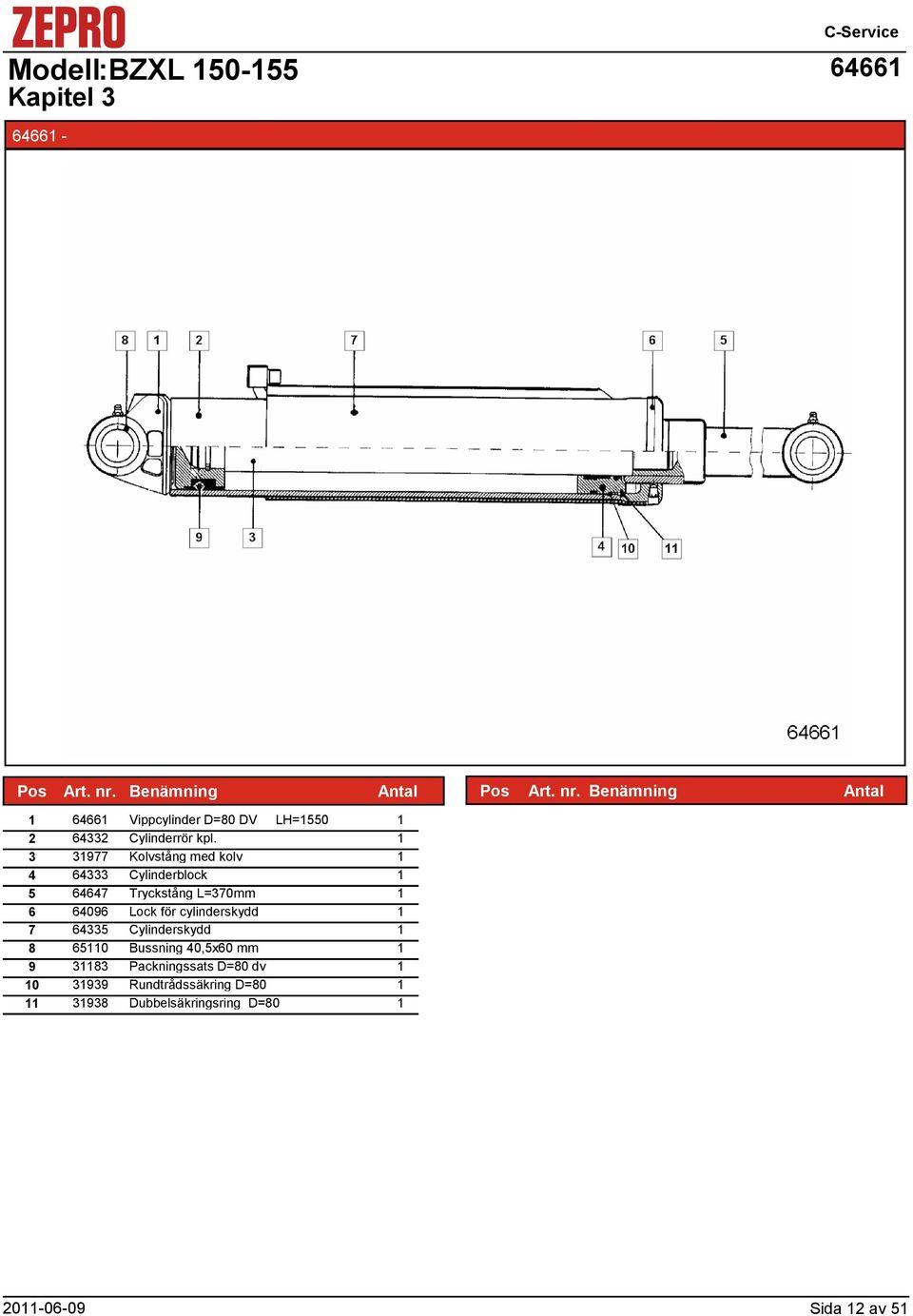 3 3977 Kolvstång med kolv 4 64333 Cylinderblock 5 64647 Tryckstång L=370mm 6 64096 Lock