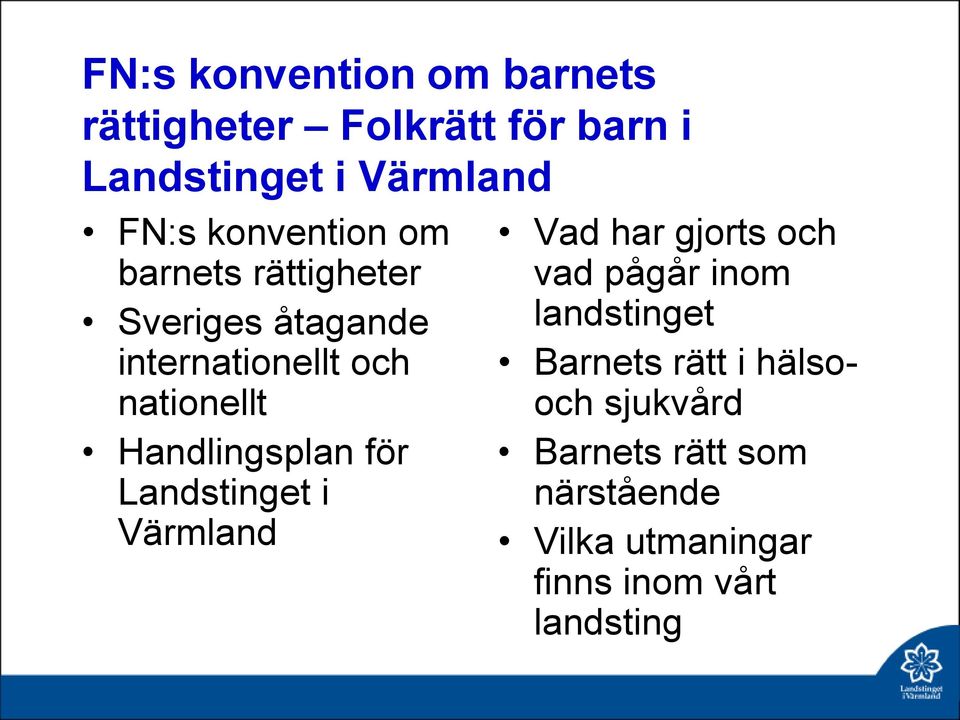 Handlingsplan för Landstinget i Värmland Vad har gjorts och vad pågår inom landstinget