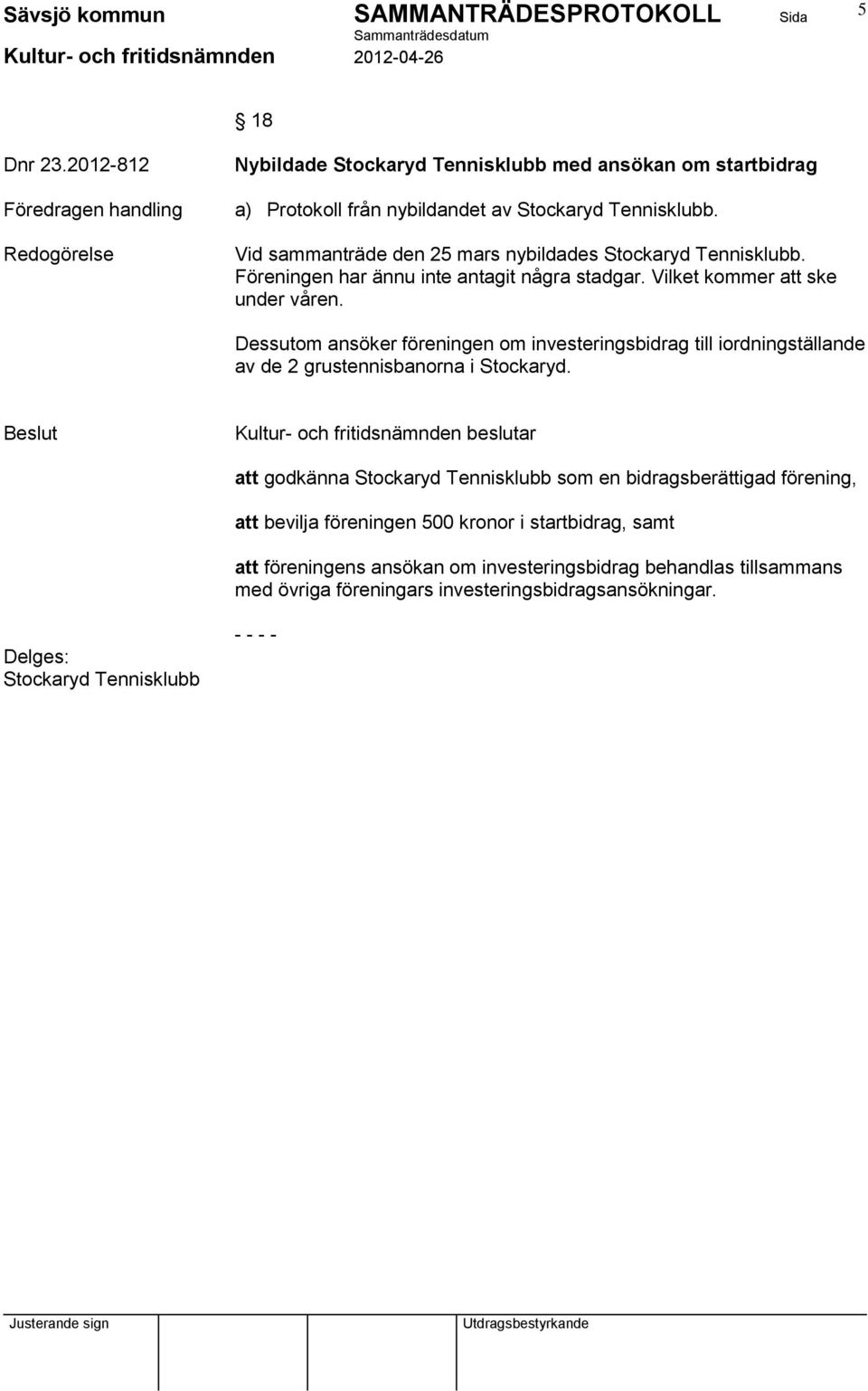 Dessutom ansöker föreningen om investeringsbidrag till iordningställande av de 2 grustennisbanorna i Stockaryd.