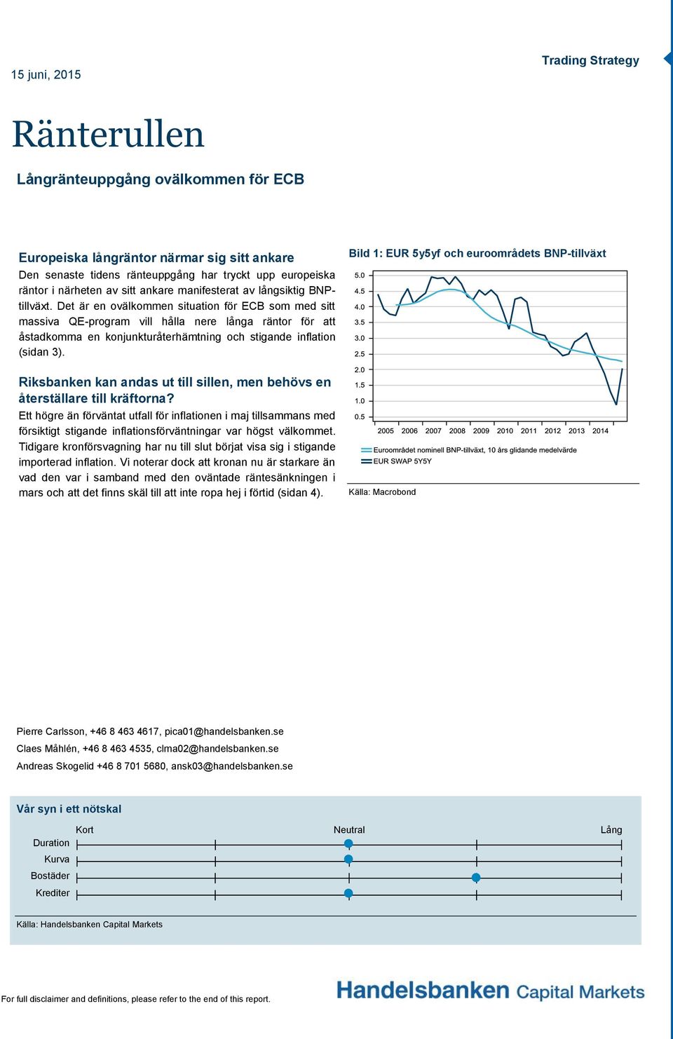 Det är en ovälkommen situation för ECB som med sitt massiva QE-program vill hålla nere långa räntor för att åstadkomma en konjunkturåterhämtning och stigande inflation (sidan 3).