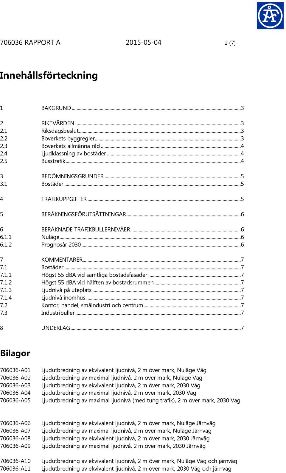 ..6 7 KOMMENTARER...7 7.1 Bostäder...7 7.1.1 Högst 55 dba vid samtliga bostadsfasader...7 7.1.2 Högst 55 dba vid hälften av bostadsrummen...7 7.1.3 Ljudnivå på uteplats...7 7.1.4 Ljudnivå inomhus...7 7.2 Kontor, handel, småindustri och centrum.