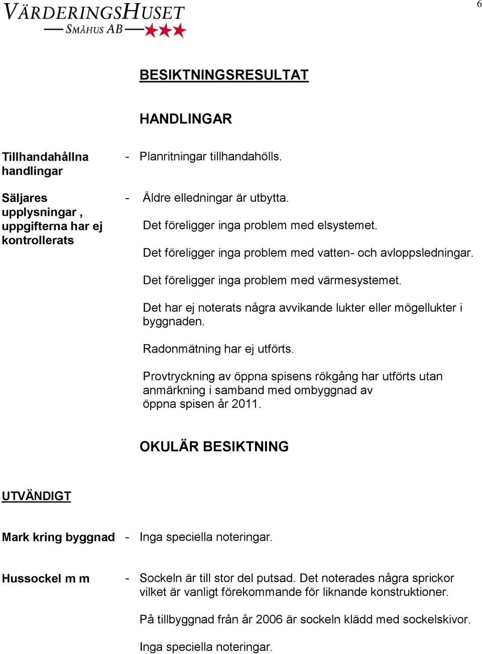 Det har ej noterats några avvikande lukter eller mögellukter i byggnaden. Radonmätning har ej utförts.