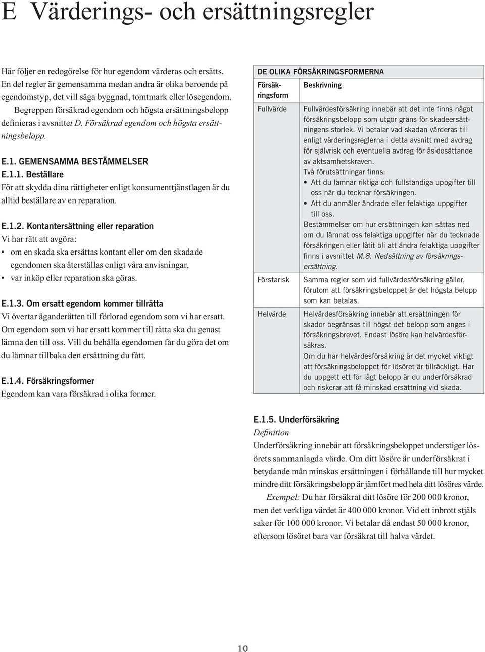 Begreppen försäkrad egendom och högsta ersättningsbelopp definieras i avsnittet D. Försäkrad egendom och högsta ersättningsbelopp. E.1.