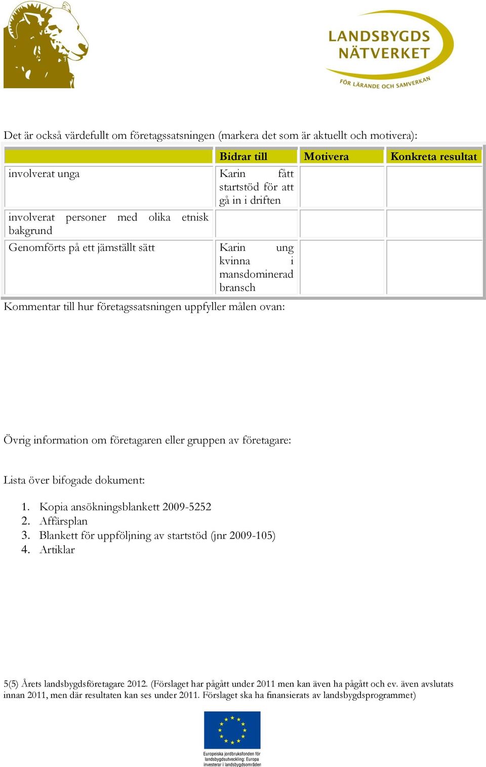 uppfyller målen ovan: Övrig information om företagaren eller gruppen av företagare: Lista över bifogade dokument: 1. Kopia ansökningsblankett 2009-5252 2. Affärsplan 3.