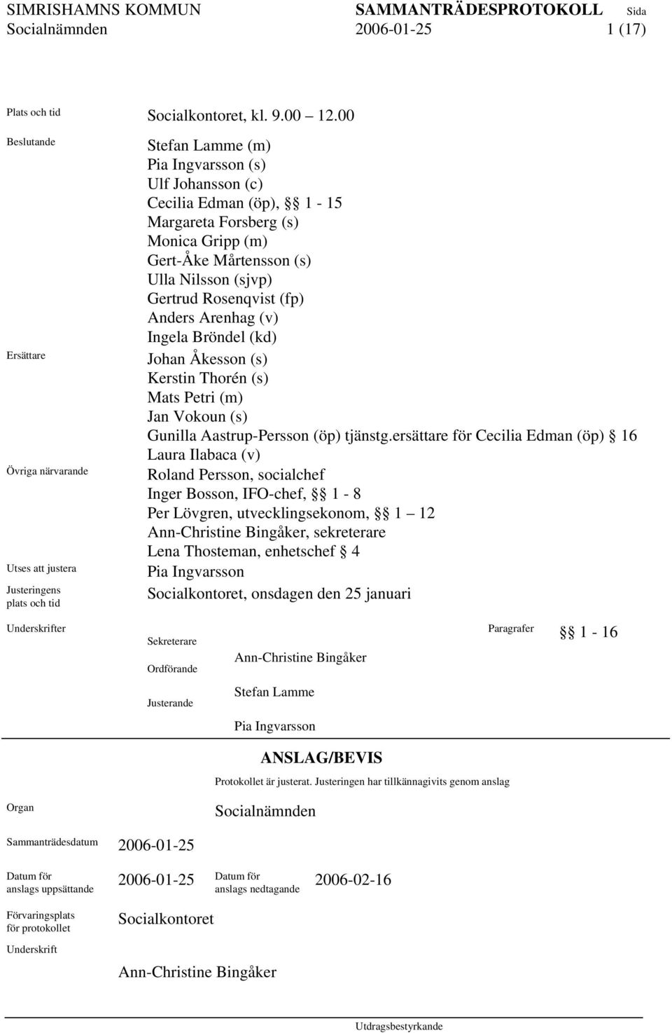 Gripp (m) Gert-Åke Mårtensson (s) Ulla Nilsson (sjvp) Gertrud Rosenqvist (fp) Anders Arenhag (v) Ingela Bröndel (kd) Johan Åkesson (s) Kerstin Thorén (s) Mats Petri (m) Jan Vokoun (s) Gunilla