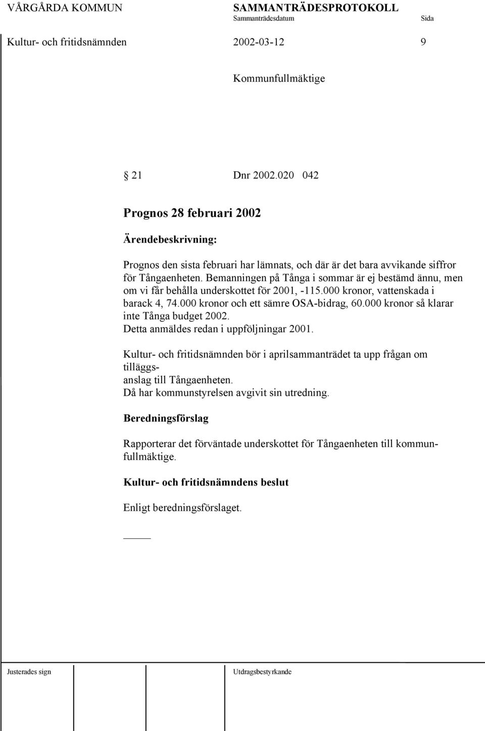 Bemanningen på Tånga i sommar är ej bestämd ännu, men om vi får behålla underskottet för 2001, -115.000 kronor, vattenskada i barack 4, 74.000 kronor och ett sämre OSA-bidrag, 60.